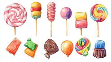 Colorful assortment of candies and lollipops displayed on a white background showcasing various shapes and textures photo