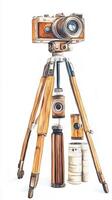 A vintage wooden camera on a tripod with additional lenses and film cans arranged elegantly in a creative setup photo