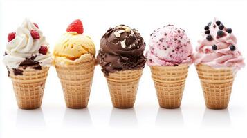 Colorful ice cream cones featuring various flavors displayed on a white background appealing for summer treats and desserts photo