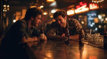 Two friends enjoying drinks and conversation at a lively bar in the evening, surrounded by warm lighting and a vibrant atmosphere photo