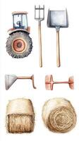 Tools and equipment for farming activities featuring a tractor, shovels, and hay bales arranged in a rustic layout photo