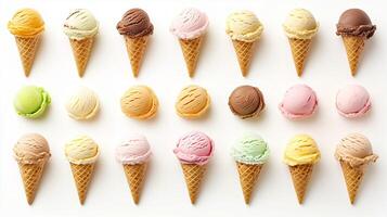 Colorful assortment of ice cream cones with various flavors arranged in a neat grid on a white background photo
