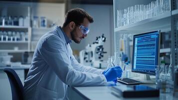Scientist conducting research in a laboratory with computer data analysis at a research facility in the evening photo