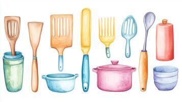 Colorful kitchen utensils and cookware arranged creatively on a white background, showcasing various tools and pots for cooking and baking photo