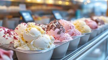 Delicious ice cream varieties displayed in a shop, featuring vibrant colors and enticing textures on a sunny day photo