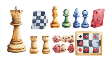 A colorful collection of chess pieces, playing cards, and dice arranged artfully on a white background showcasing strategic games photo