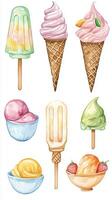 Colorful assortment of ice cream cones, popsicles, and bowls of frozen treats on a white background with various flavors and textures photo