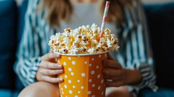 A person enjoys a large bowl of popcorn with a straw while relaxing on a cozy couch in their living room during the afternoon photo