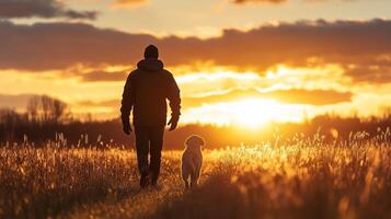 A person walks with a dog through a grassy field at sunset, surrounded by colorful clouds on a serene evening photo