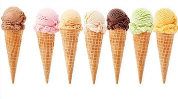 Colorful ice cream cones displayed in a row with various flavors during a sunny summer day photo