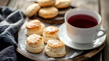 Warm biscuits served with brewed tea on a wooden table, creating a cozy afternoon snack experience in a rustic setting photo