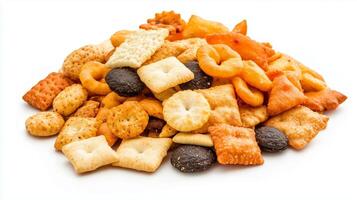 A colorful assortment of various snack crackers arranged on a bright background in a casual display suitable for parties or gatherings photo