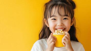 Young girl happily enjoys popcorn in a bright yellow setting while smiling at the camera photo