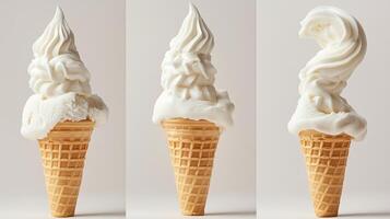 A series of ice cream cones with soft serve depicting different swirl designs on a neutral background photo