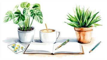 Cozy workspace featuring plants, a steaming cup of coffee, an open notebook, and decorative elements for a relaxing ambiance photo