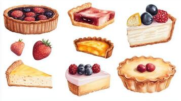 Assorted desserts featuring delicious tarts and cakes with fresh fruit, displayed attractively on a white background photo