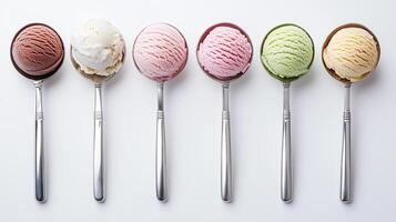 A colorful display of six ice cream scoops in silver spoons arranged neatly on a white background photo