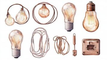 Various types of vintage light bulbs and electrical components arranged creatively on a white background for artistic display photo