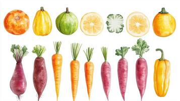 A vibrant display of various vegetables and fruits arranged colorfully on a white background photo