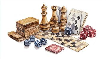 A collection of various board game pieces, cards, and dice arranged on a checkered game board with a wooden box nearby photo