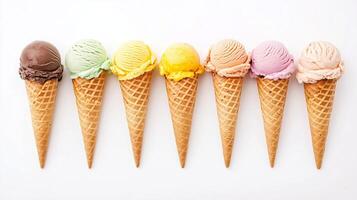 Colorful ice cream cones arranged in a straight line, showcasing a variety of flavors on a white background photo