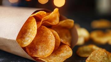 crujiente patata papas fritas en un marrón papel bolso arreglado en un oscuro superficie con un borroso centelleo antecedentes a un casual reunión foto