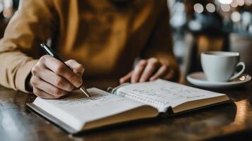 A person writing notes in a notebook while enjoying coffee in a cozy cafe setting during the afternoon photo