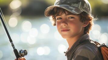 A young boy enjoys fishing by the water on a sunny day, showcasing his catch in a tranquil outdoor setting photo