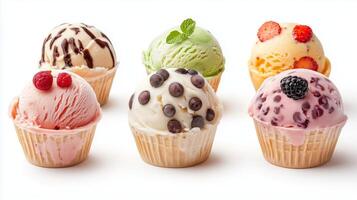 Delicious assorted ice cream scoops in waffle cups displayed on a white background, perfect for summer treats and dessert cravings photo