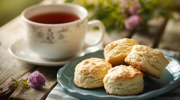 Enjoying freshly baked scones with tea on a rustic wooden table surrounded by nature in the afternoon light photo