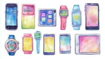A collection of colorful digital devices showcased on a white background in a creative and artistic design, representing modern technology photo