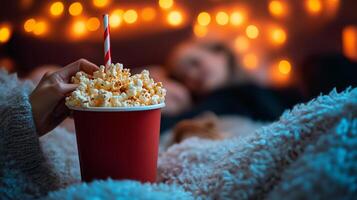 Cozy nighttime movie experience with popcorn and warm blankets under glowing lights in a relaxed setting photo
