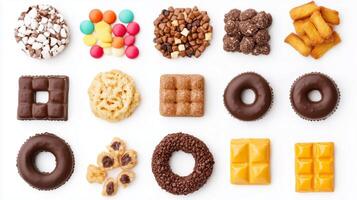 An array of colorful sweets and snacks displayed on a white background, highlighting various textures and flavors photo