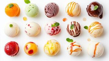 A colorful display of assorted ice cream scoops arranged neatly on a white plate, showcasing different flavors and toppings photo