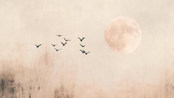 A flock of birds flying across a serene sky illuminated by a full moon at dusk, creating a tranquil and ethereal atmosphere photo