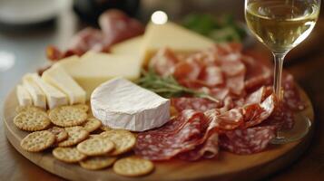 A delightful platter of assorted cheeses, cured meats, crackers, and white wine arranged elegantly at a dining table photo