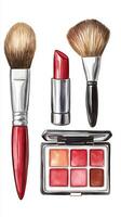 Essential makeup tools featuring brushes, lipstick, and a palette displaying various shades arranged neatly on a white background photo