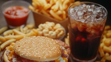 A delicious hamburger served with crispy fries and refreshing beverage at a casual dining spot during lunchtime photo
