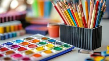 A colorful collection of art supplies displayed on a table with watercolor paints and colored pencils ready for creative projects photo
