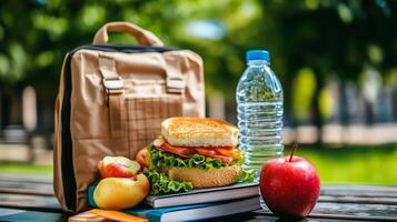 Healthy lunch setup on a picnic table featuring a sandwich, water bottle, apples, and books with greenery in the background photo