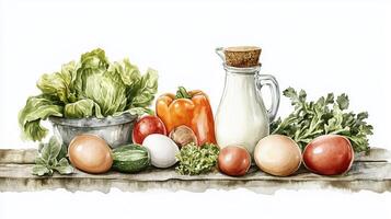 Fresh vegetables and farm products arranged on a rustic wooden table in a bright kitchen setting photo
