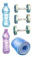 A colorful assortment of fitness equipment, including water bottles, dumbbells, and an exercise mat for an active lifestyle photo