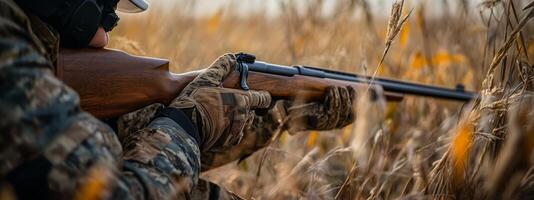 A hunter takes aim with a rifle in a golden field during late afternoon in the countryside photo