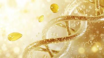 Abstract representation of golden liquid droplets swirling around a spiral structure in a bright, luminous setting photo