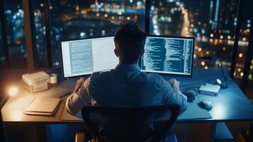 Software developer coding late at night in a city office with bright lights visible through the windows photo