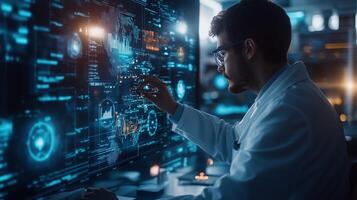 Scientist analyzing data on a digital interface in a modern laboratory setting during a late evening research session photo