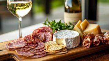 A gourmet spread of cheese, cured meats, and crackers with a glass of white wine in a serene outdoor setting during the afternoon photo
