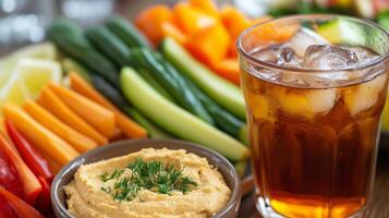A vibrant array of fresh vegetables and hummus served with a refreshing iced tea on a wooden table photo