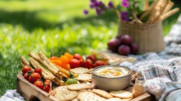 A vibrant picnic spread with hummus, fresh vegetables, and fruits set on a sunny day in a green park photo