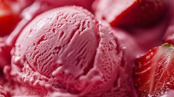 Delicious strawberry ice cream served with fresh strawberries in a bowl on a bright sunny day photo